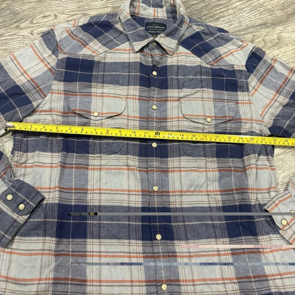 Lucky Brand Pearl Snap Blue White Plaid Flannel Sz L Western Saturday Stretch